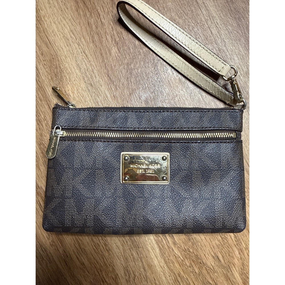 Michael Kors Brown Wristlet Pouch Gold Hardware Front Zip Pocket